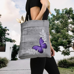 Lila Schmetterling Rustikale Personalisierte Tote Tasche