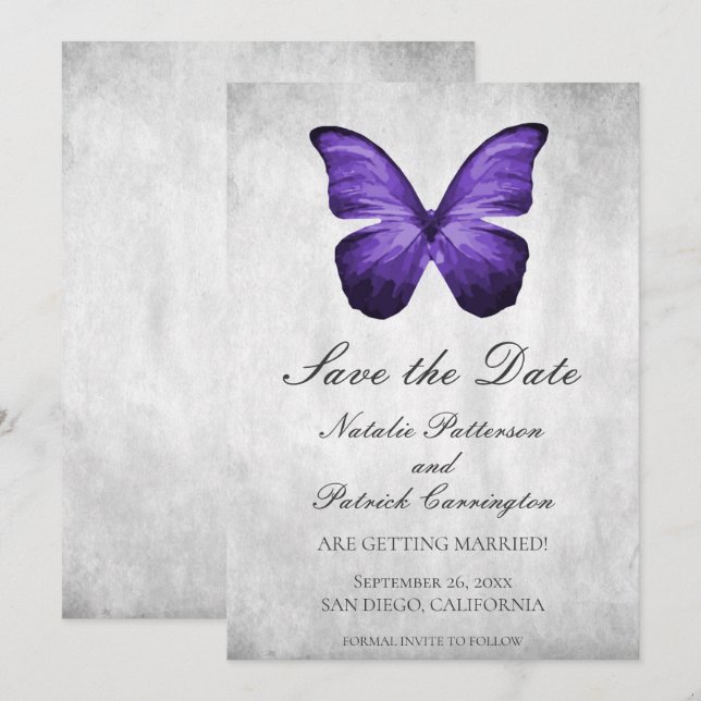 Lila Schmetterling Save the Date einladen Einladung (Vorne/Hinten)
