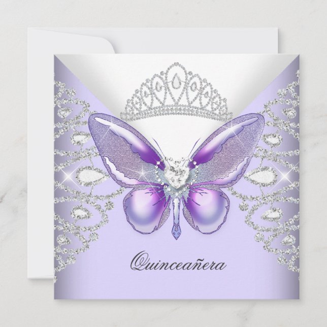 Lila Schmetterling Tiara Quinceanera 15. Party Einladung (Vorderseite)