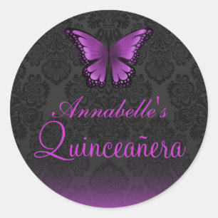 Lila Schmetterling und Damask Quinceañera Sticker