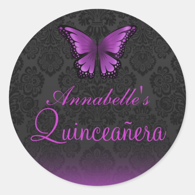 Lila Schmetterling und Damask Quinceañera Sticker (Vorderseite)