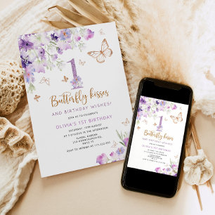 Lila Schmetterling zum ersten Geburtstag Einladung