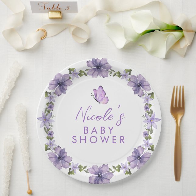 Lila Schmetterlinge Aquarell Wildblume Baby Show Pappteller (Hochzeit)