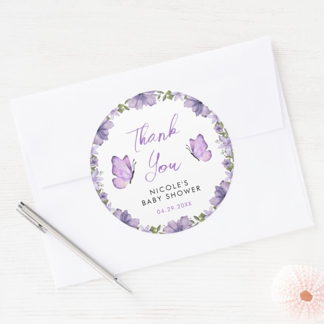 Lila Schmetterlinge Aquarell Wildblume Baby Show Runder Aufkleber (Umschlag)