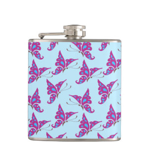 Lila Schmetterlinge auf Light Blue, Butterfly Prin Flachmann