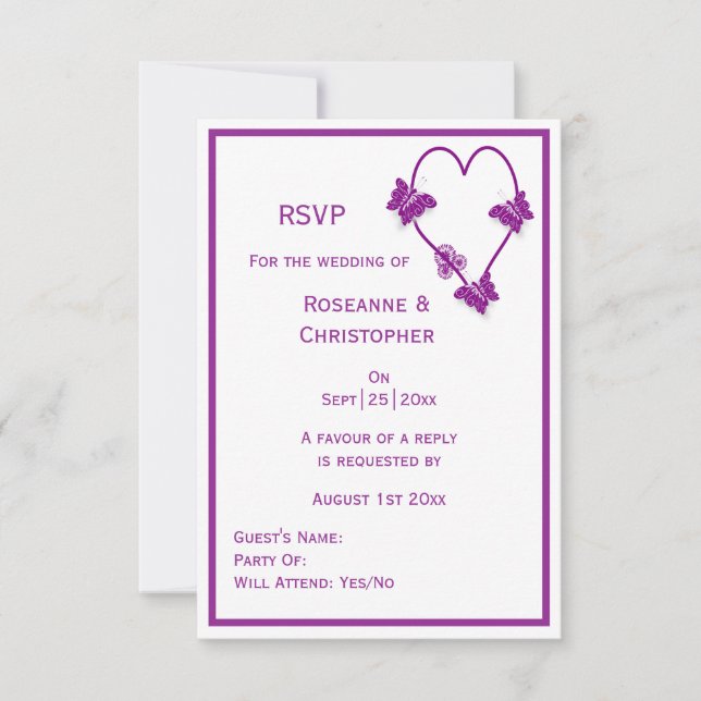 Lila Schmetterlinge Herzdesign Hochzeit RSVP Karte (Vorderseite)