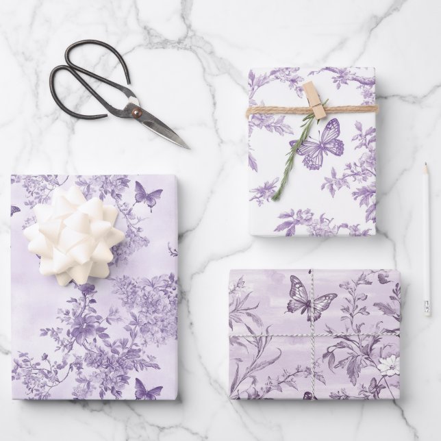 Lila Schmetterlinge im Lila Hintergrund Geschenkpapier Set (Vorderseite)