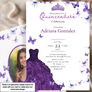 Lila Schmetterlinge Kleid Foto 15 XV Quinceanera Einladung