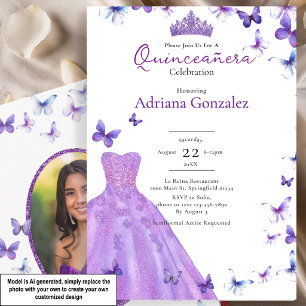 Lila Schmetterlinge Kleid Foto 15 XV Quinceanera Einladung