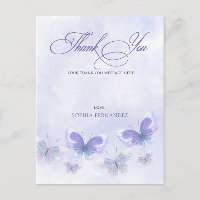 Lila Schmetterlinge Quinceanera Vielen Dank Postkarte (Vorderseite)