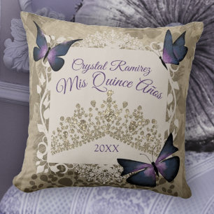 Lila Schmetterlinge, Taupe Tiara Quinceanera Pillo Kissen