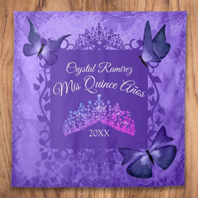 Lila Schmetterlinge, Tiara Quinceanera Rückfall Wandteppich (purple quinceanera party backdrop back drop drape tapestry tiara crown welcome quince sign banner)