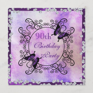 Lila Schmetterlinge u. Diamant-90. Geburtstag Einladung