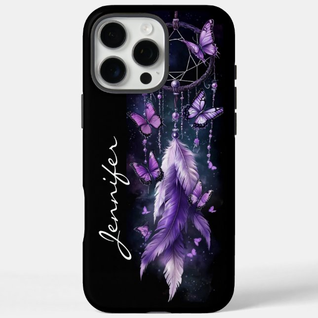 Lila Schmetterlinge und Feathers Dreamcatcher iPhone 16 Pro Max Hülle (Rückseite)