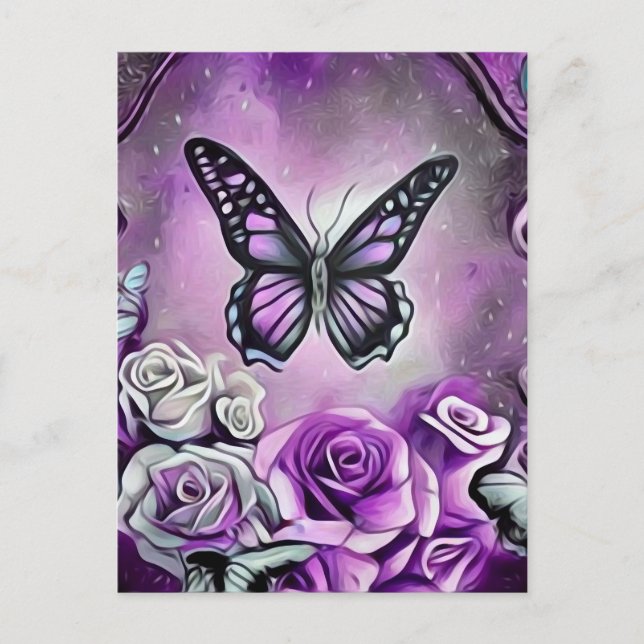 Lila Schmetterlinge und Rose Postkarte (Vorderseite)