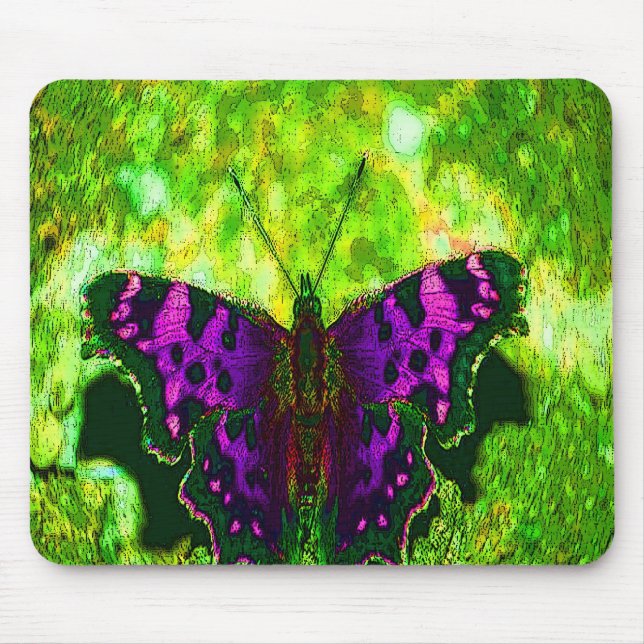 Lila Schmetterlings-Hintergrund auf Limonem grünem Mousepad (Vorne)