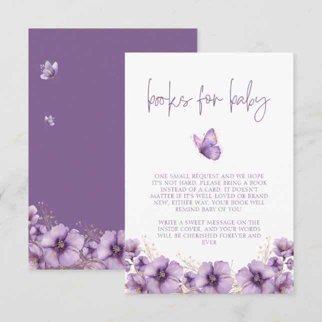 Lila Schmetterlingsbücher für Baby, Babydusche Begleitkarte (Vorne/Hinten)