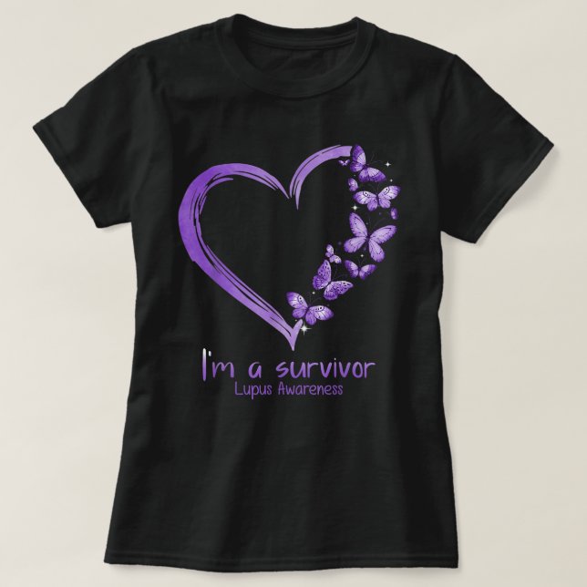 Lila Schmetterlingsherz Ich bin ein Überlebender L T-Shirt (Design vorne)