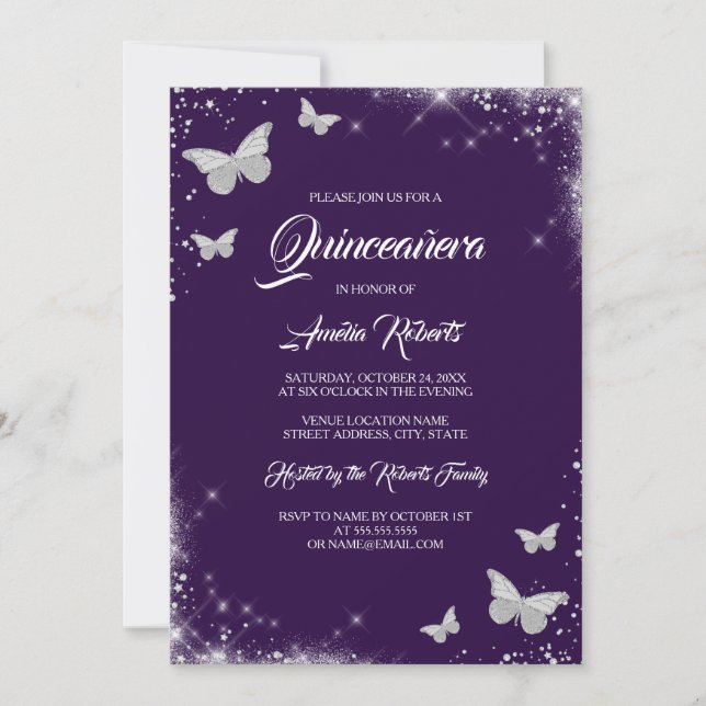 Lila Schmetterlingskleid Quinceanera Einladung (Vorderseite)