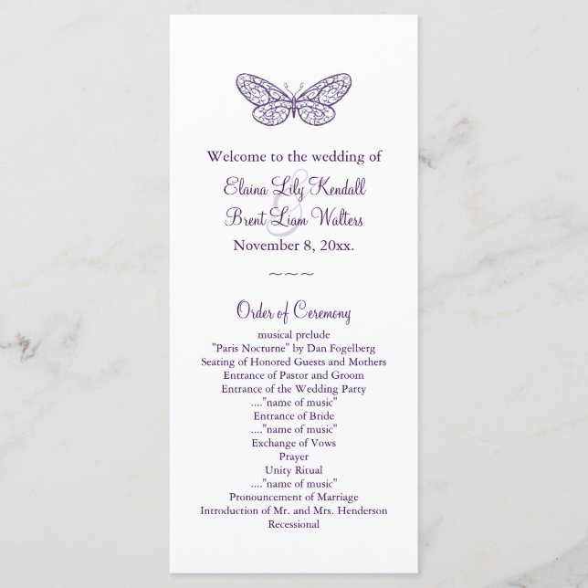 Lila Schmetterlingsküsse Hochzeitsprogramm Programm (Vorderseite)