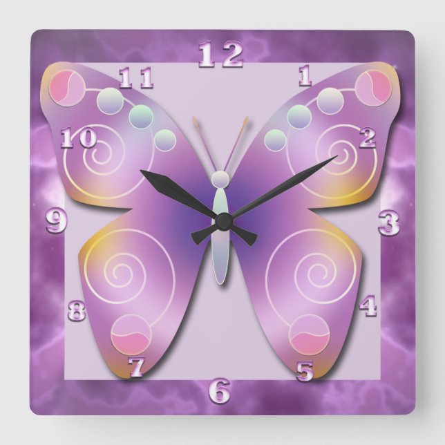 Lila Schmetterlingsuhr Quadratische Wanduhr (Vorderseite)