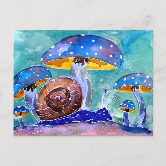 Lila Schnecke und Blaue Pilze Postkarte (Vorderseite)