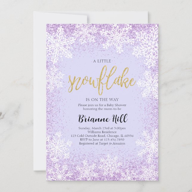 Lila Schneeflocken-Babydusche Einladung (Vorderseite)