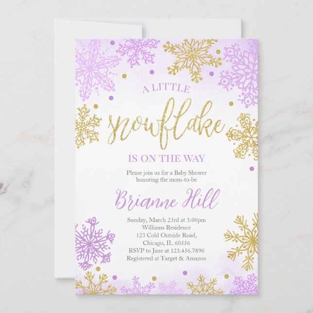 Lila Schneeflocken-Babydusche Einladung (Vorderseite)