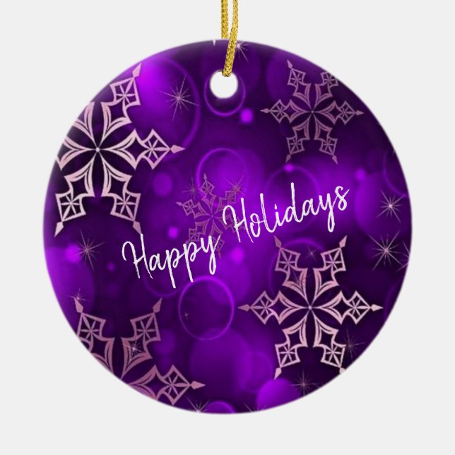 Lila Schneeflocken Happy Holidays Keramik Keramik Ornament (Vorne)