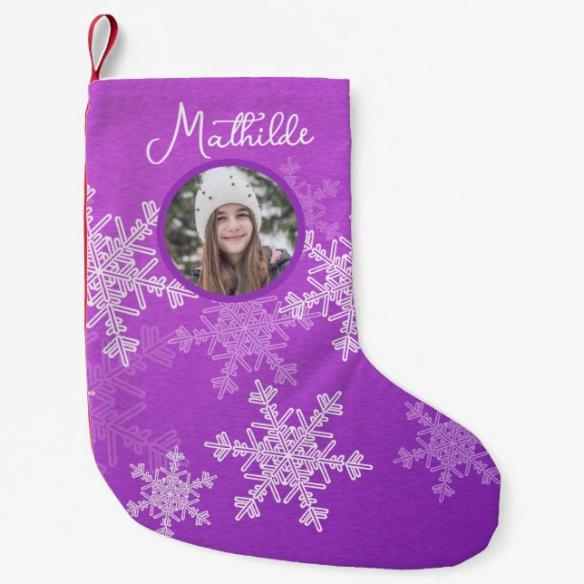 Lila Schneeflocken Minimalistisches Foto Kleiner Weihnachtsstrumpf (Vorderseite)