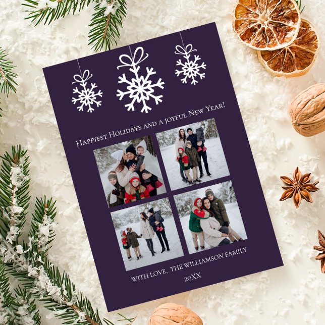 Lila Schneeflocken Ornamente FotoCollage Feiertagskarte (Purple Snowflake Ornaments Photo Collage Holiday Card)