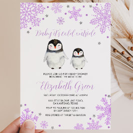 Lila Schneeflocken Pinguin Babydusche Einladung