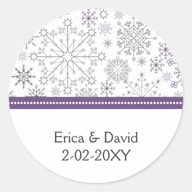 lila Schneeflocken Winterhochzeit Gunst Sticker (Vorderseite)