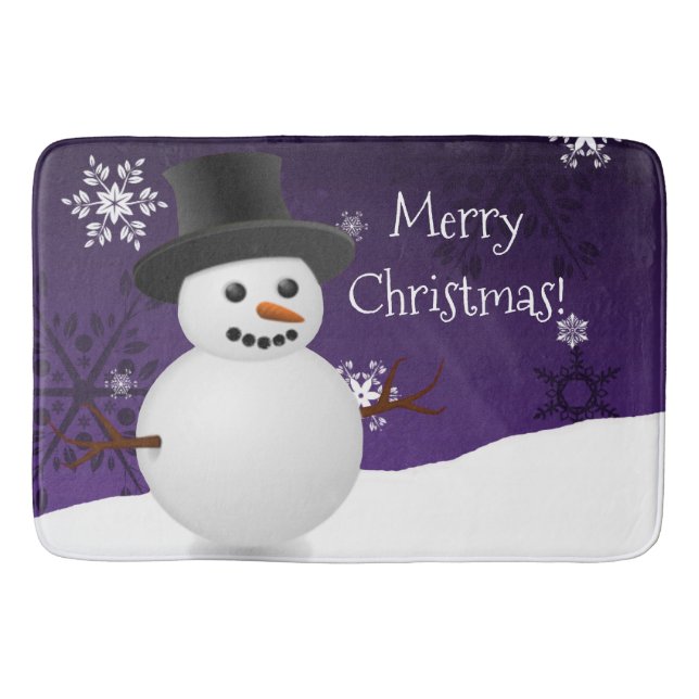 Lila Schneemann Winter Szene Weihnachtsbadematte Badematte (Vorderseite)