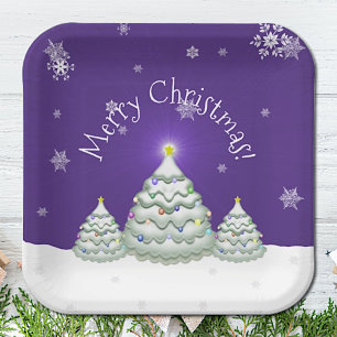 Lila Schneeweihnachtsbäume Pappteller
