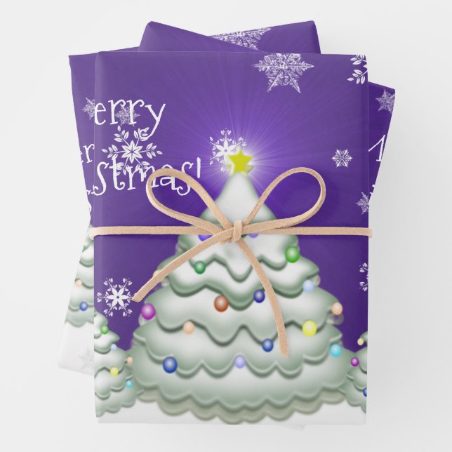 Lila Schneeweihnachtsbaumwrapping-Papier Geschenkpapier Set (Beispiel)