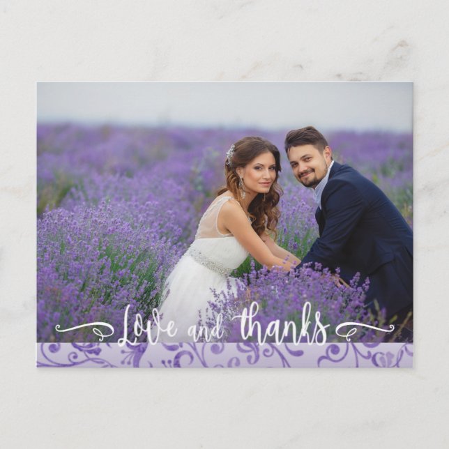 Lila Schnörkel Hochzeit Foto Vielen Dank Postkarte (Vorderseite)
