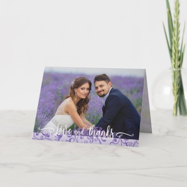 Lila Schnörkel Hochzeit zwei Foto Vielen Dank Dankeskarte (Vorderseite)