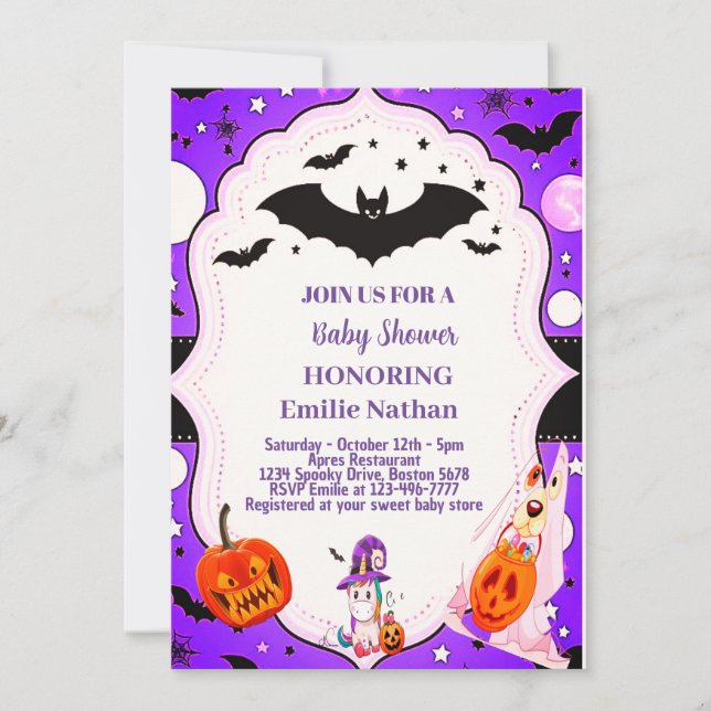 Lila schöne Halloween Niedliche Babydusche Einladung (Vorderseite)
