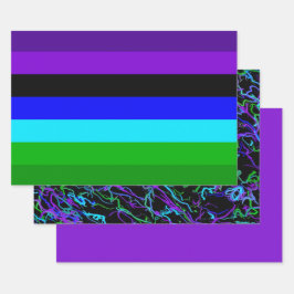 Lila, schwarz, blau und grün geschenkpapier set