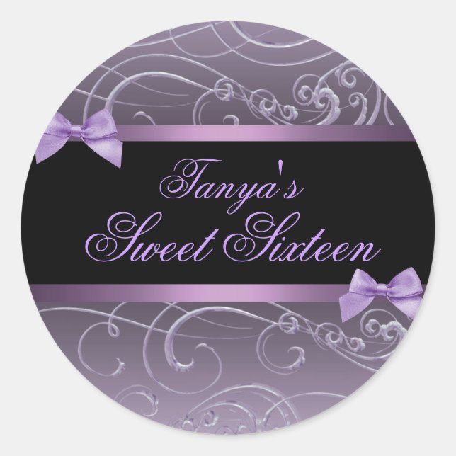 Lila/Schwarz Bow & Swirl Sweet 16 Umschlag Aufkleb Runder Aufkleber (Vorderseite)