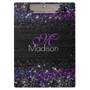 Lila Schwarz-Bürstenmetall-Glitzer-Monogramm Klemmbrett