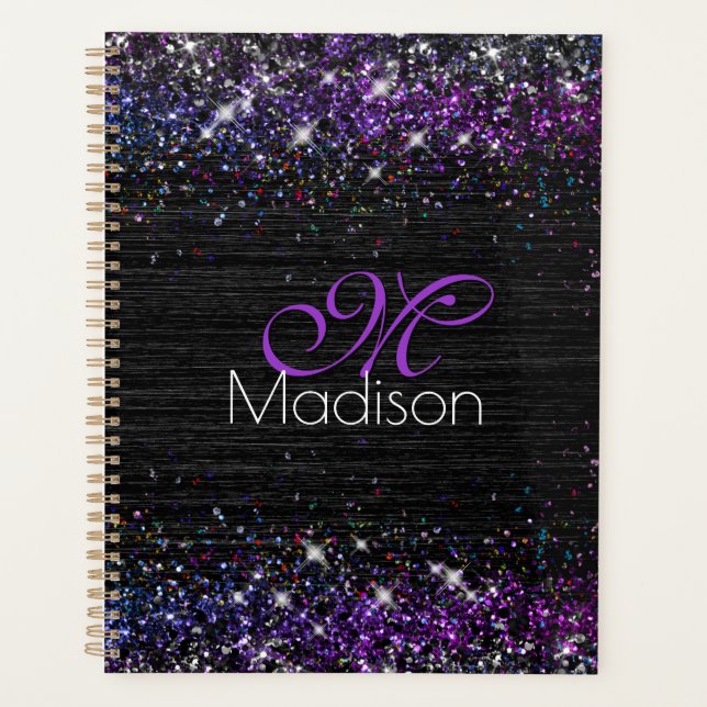 Lila Schwarz-Bürstenmetall-Glitzer-Monogramm Planer (Vorderseite)