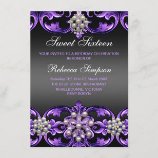 Lila/schwarz Damask & Pearl Sweet16 Einladung