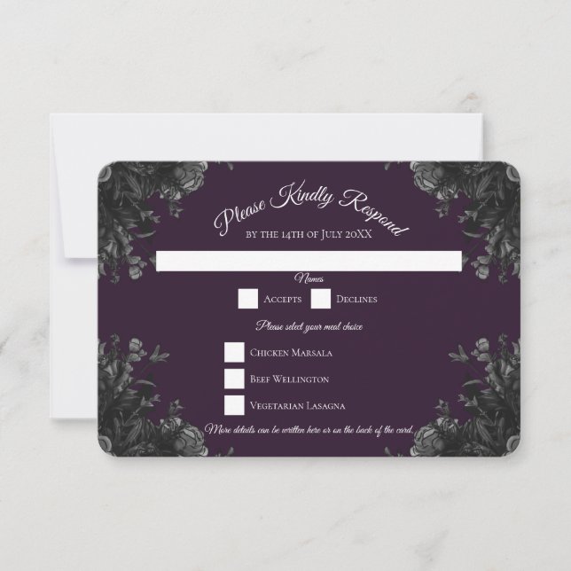 Lila schwarz-graue Rose Gothic Wedding RSVP Antwor Einladung (Vorderseite)