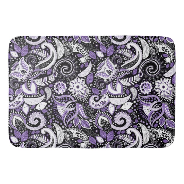 Lila Schwarz-Paisley-Druckmuster Badematte (Vorderseite)