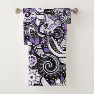 Lila Schwarz-Paisley-Druckmuster Badhandtuch Set