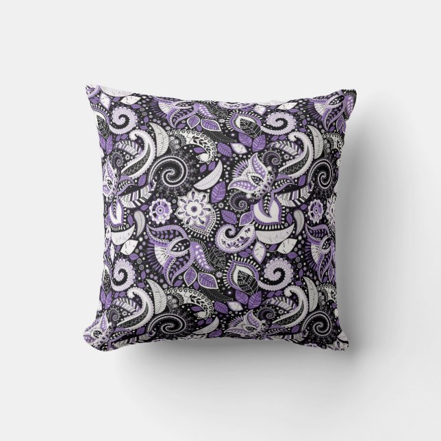 Lila Schwarz-Paisley-Druckmuster Kissen (Vorderseite)