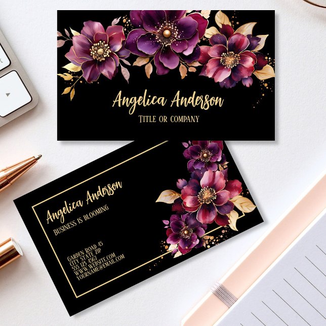 Lila Schwarz Visitenkarte (Elegant Feminine Purple Floral Business Card - Double-sided)