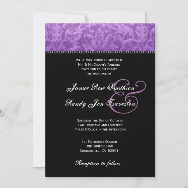 Lila Schwarz-weiße Damask Wedding Ver 003 Einladung (Vorderseite)